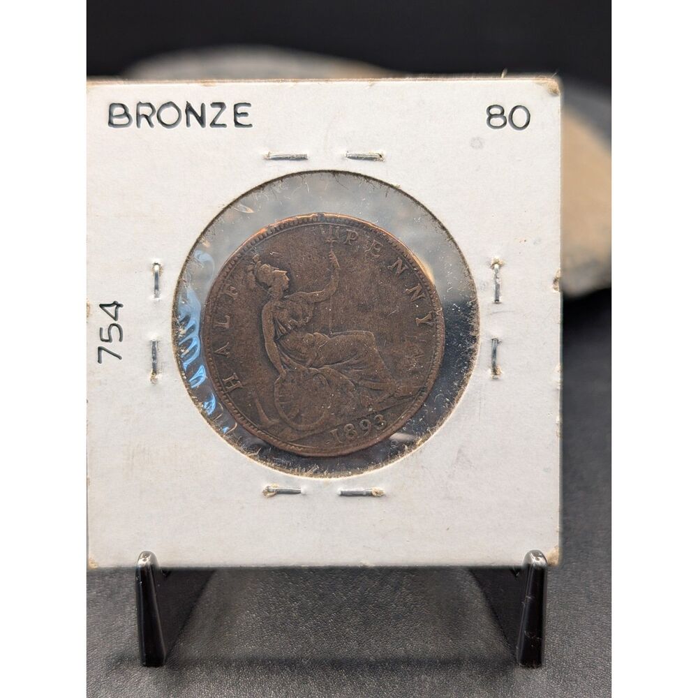 Antique 1893 Great Britain Half Penny Coin Queen Victoria Britannia Bronze Flip